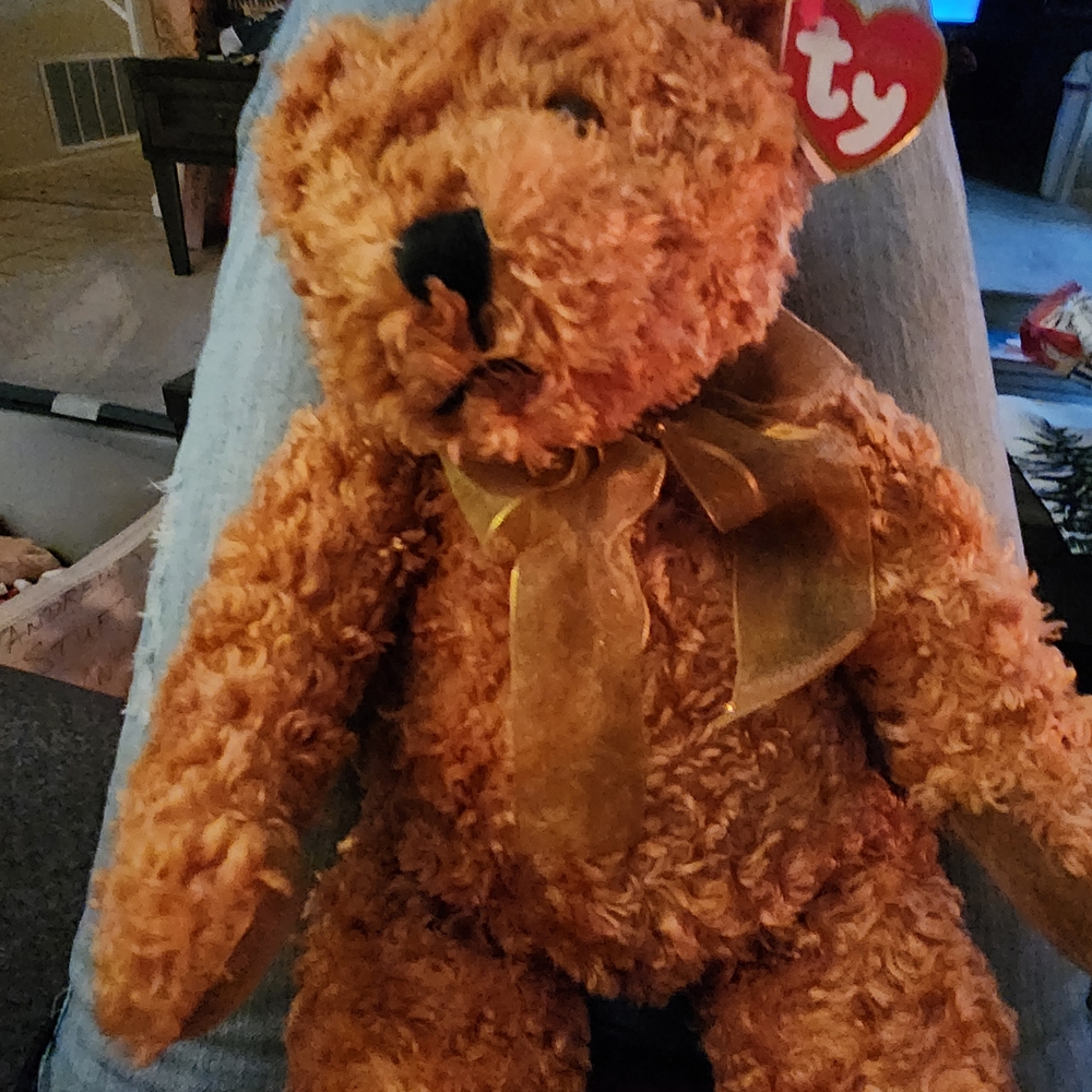 Ty Fluffy Brown Bear with Golden Ribbon